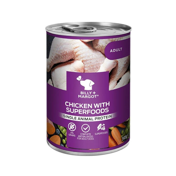 Billy & Margot Adult Chicken with Superfoods Can, Wholesome, grain-free dog Wet food. Packed with quality-single animal human-grade chicken.