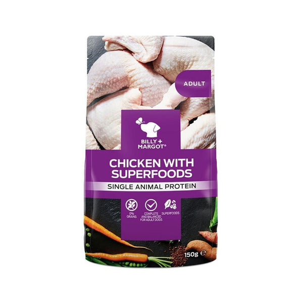 Treat your canine companion to the wholesome goodness of Billy & Margot Adult Chicken with Superfoods Pouch—order now for a delicious and nutritious meal that elevates your dog's dining experience.