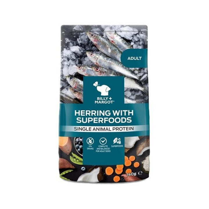 Billy & Margot Adult Herring with Superfoods Pouch Dog Dry Food with 60% herring content and Grain-free dog food.
