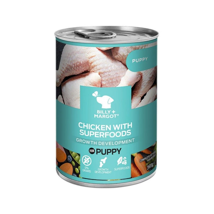 Billy & Margot Puppy Chicken with Superfoods Can 395g with wholesome, grain-free dog wet food.
