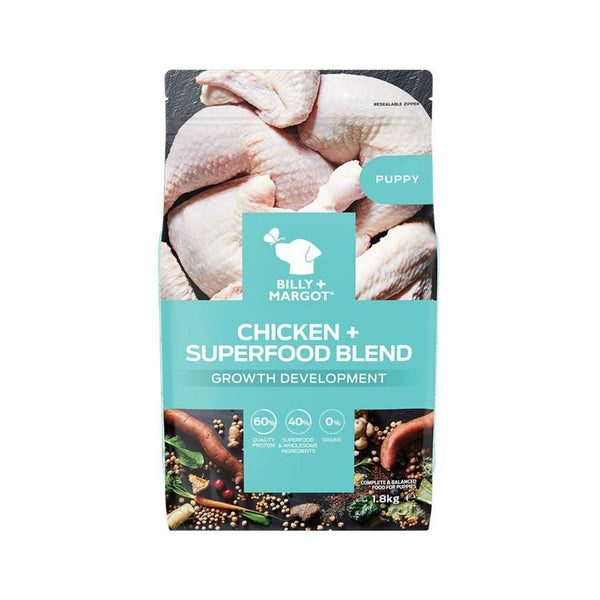 Nourish your growing pup with Billy & Margot Puppy Chicken + Superfood Blend, a wholesome and grain-free dry dog food. 