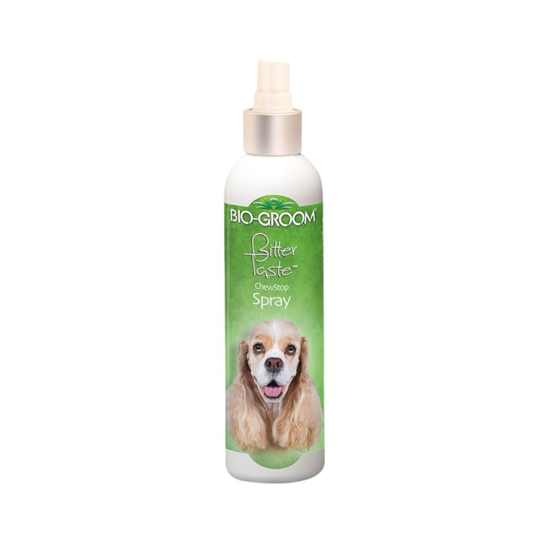 Bio-Groom Bitter Taste Chew Stop Spray This fast-acting topical spray stops pets from chewing and fur-biting.