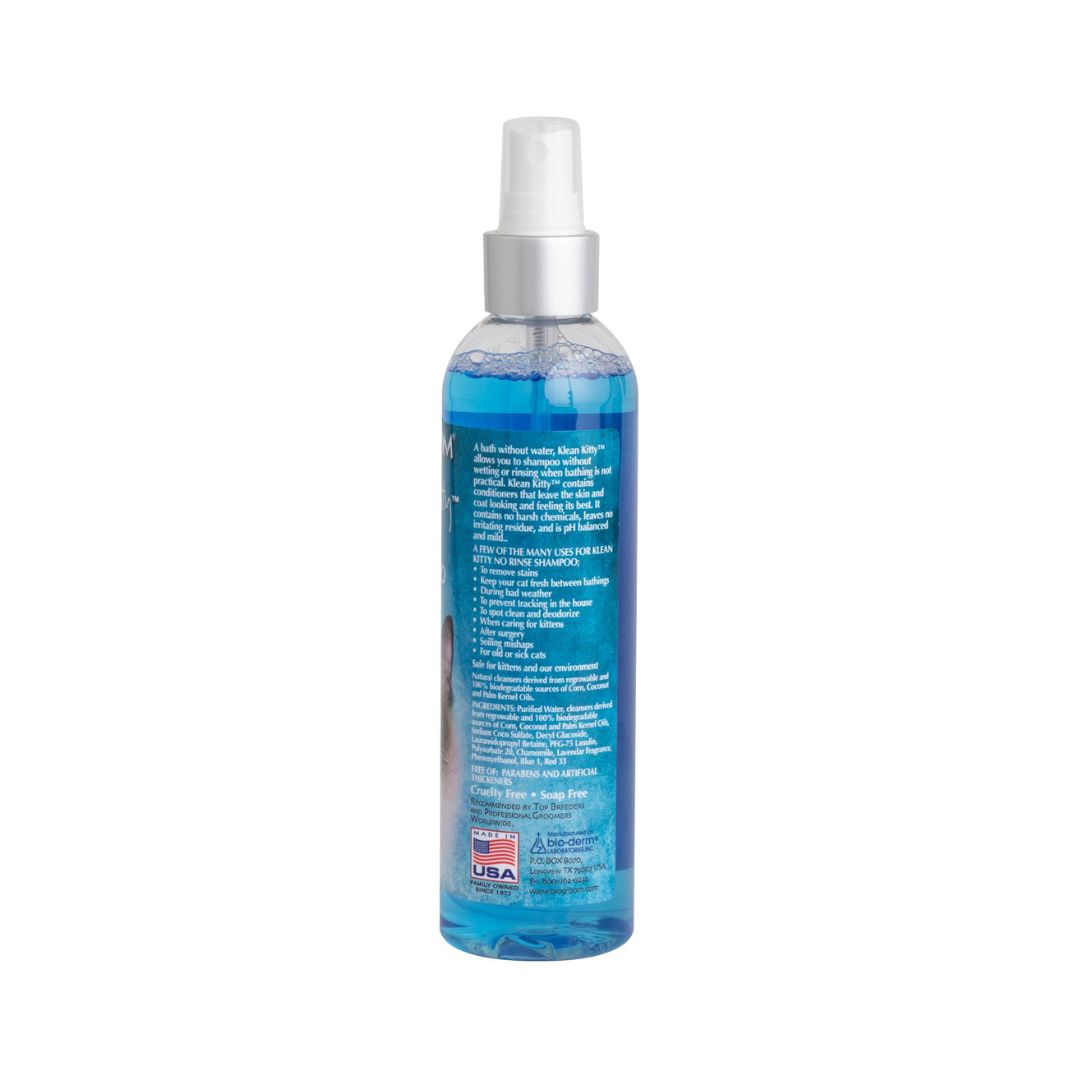 Bio-Groom Klean Kitty is a waterless, no-rinse cat shampoo. This shortcut to a bath contains conditioners that leave the skin and coat looking and feeling their best. Back