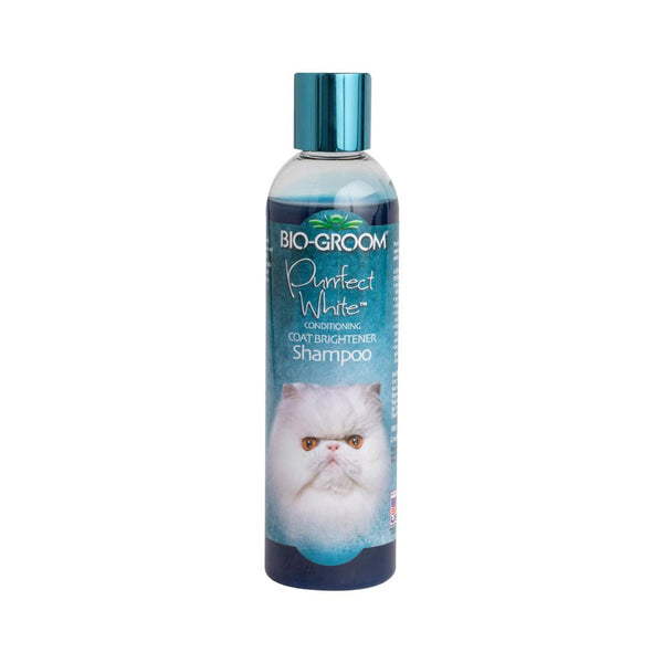 Bio-Groom Purrfect White is a conditioning coat brightener cat shampoo that also controls matting, tangling, and fly-away hair.