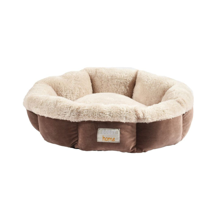 Bobby Astride Nest Bed for Small Dog or Cat, All the softness of velvet and fur, and neutral colors are easy to integrate into any interior Taupe.