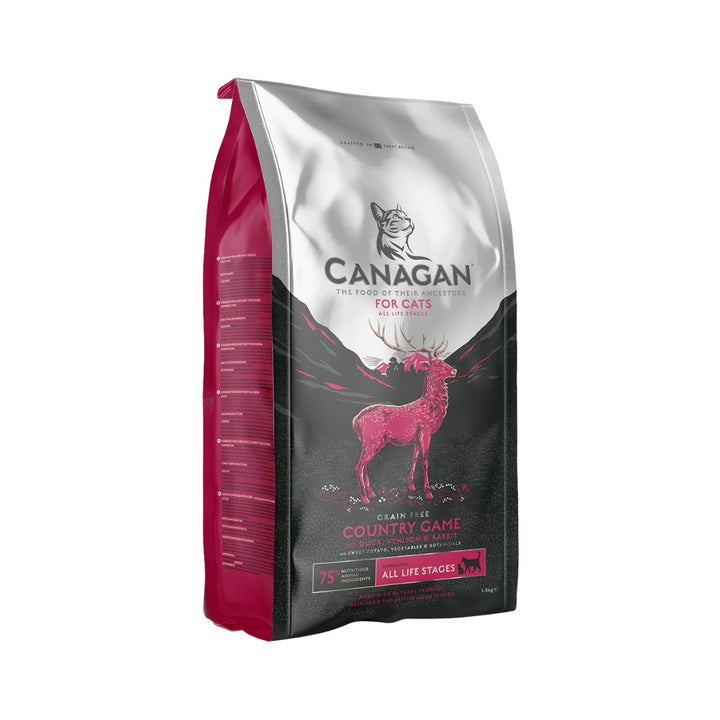 Canagan Country Game Cat Dry Food is 100% grain-free and deliciously natural, with high levels of digestible protein from Duck, Venison, and Rabbit.