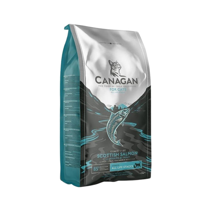 Canagan Scottish salmon dry cat food is a grain-free option made with over 75% fresh deboned fish, high in protein, and well-balanced. 