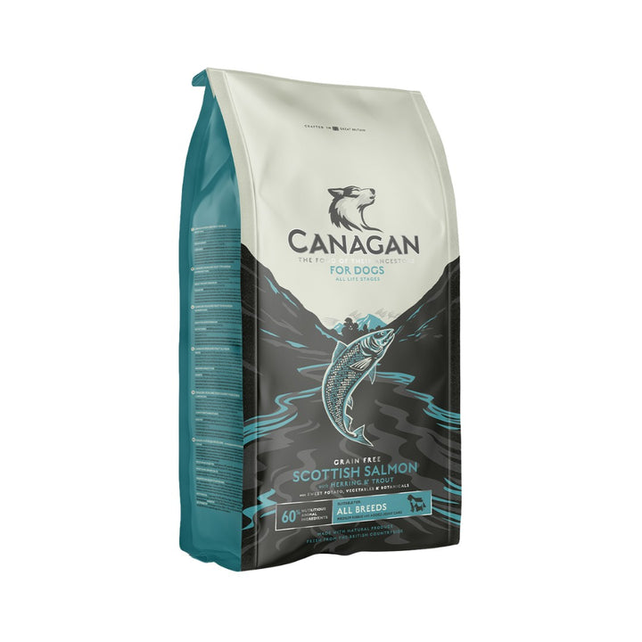 Canagan Scottish Salmon Dog Dry Food contains fresh, deboned Scottish Salmon with white fish, trout, and herring. Contains beneficial botanicals.