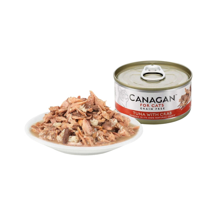Canagan Tuna with Crab Cat Tin Wet Food 75g Petz.ae UAECanagan Tuna with Crab Cat Wet Food is flaked and tender in gravy. A completely balanced, highly nutritious meal that can be mixed with Canagan dry food 2.