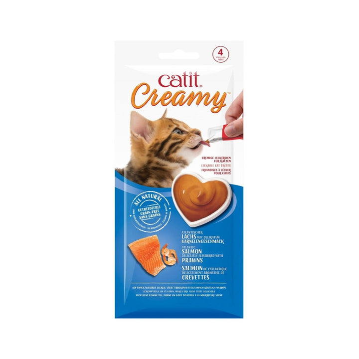 CatIt Creamy Lickable Cat Treats Salmon & Prawns is a healthy and hydrating lickable treat rich in amino acids. Serve on a dish or feed the cat directly from the tube as a special reward.