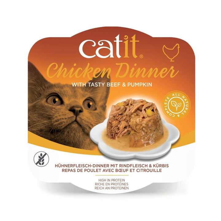 Catit Chicken Dinner Beef and Pumpkin complete cat food are natural, high in protein, and grain-free, with added vitamins and minerals for precisely balanced nutrition.