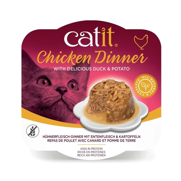 Catit Chicken Dinner Duck and Potato Cat Wet Food are dual-layered with fresh ingredients served in luscious gravy. This complete cat food is grain-free.
