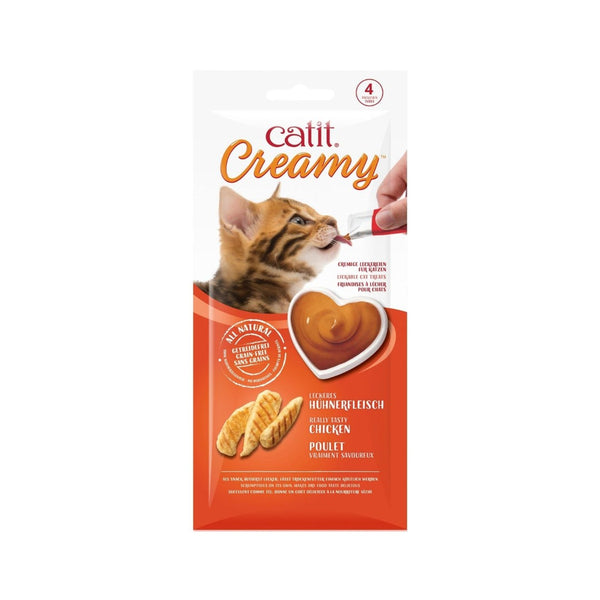 Catit Creamy Chicken Cat Treats is a healthy, hydrating, lickable treat rich in amino acids. Serve on a dish or feed the cat directly from the tube as a special reward.