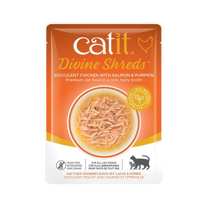 Catit Divine Shreds Chicken with Salmon & Pumpkin 75g 18pcs/box Petz.ae Dubai Pet Store