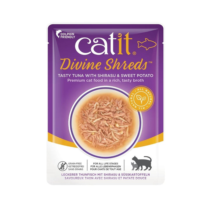 Catit Divine Shreds Tuna with Shirasu & Sweet Potato 75g 18pcs/box Petz.ae Dubai Pet Shop