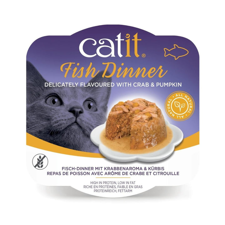 Catit Fish Dinner Crab Flavour & Pumpkin Cat Wet Food is a dual-layered wet food served with fresh ingredients and luscious gravy. 