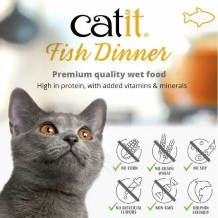 Catit Fish Dinner Salmon & Green Beans Cat Wet Food is a dual-layered wet food with fresh ingredients in luscious gravy 3.