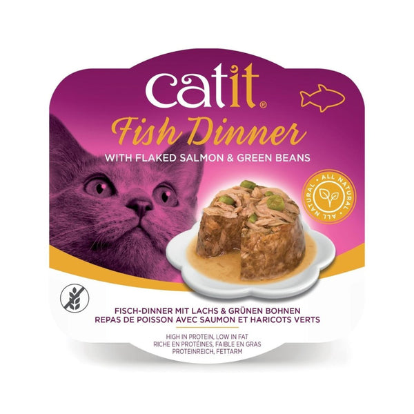 Catit Fish Dinner Salmon & Green Beans Cat Wet Food is a dual-layered wet food with fresh ingredients in luscious gravy.