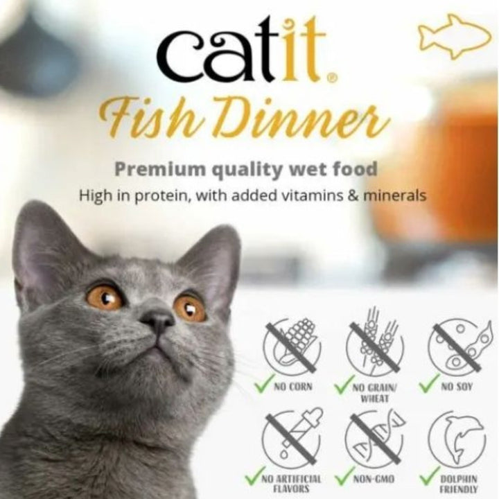 Catit Fish Dinner Shrimp & Green Beans Cat Wet Food is a dual-layered wet food with fresh ingredients in luscious gravy 3.