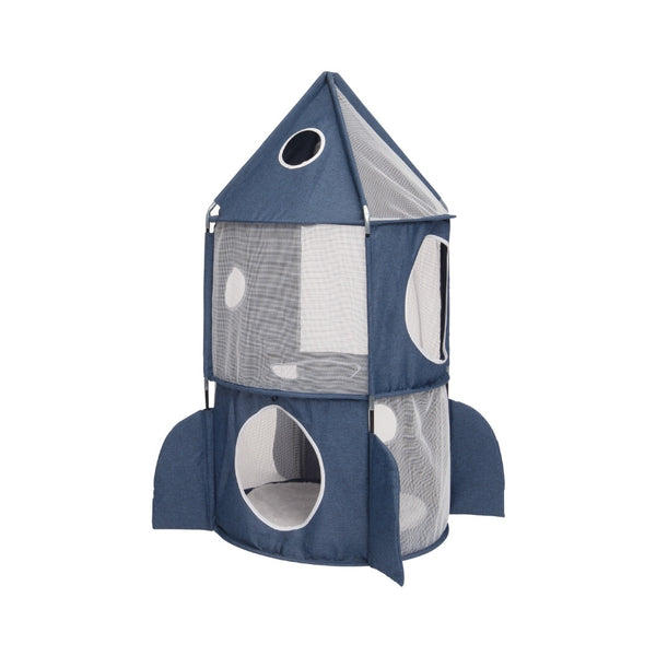 Catit Vesper Blue Rocket cat tower in the shape of a space rocket. The 3-level hideout and lounger will provide playing, exploring, and Sleeping space for your cat.