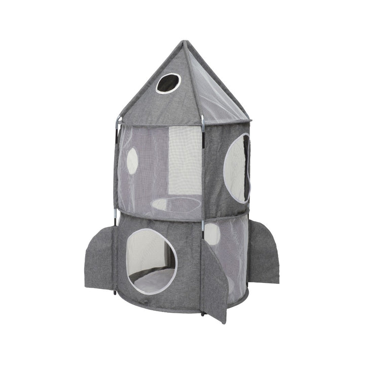 Catit Vesper Grey Rocket cat tower in the shape of a space rocket. The 3-level hideout and lounger will provide playing, exploring, and Sleeping space for your cat.