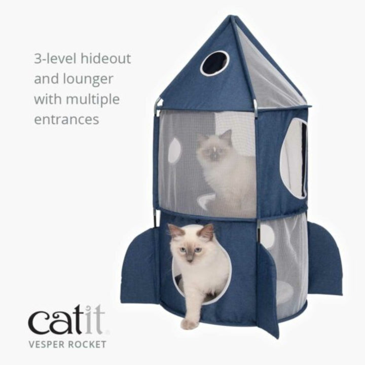 Catit Vesper Rocket cat tower in the shape of a space rocket. The 3-level hideout and lounger will provide playing, exploring, and Sleeping space for your cat.