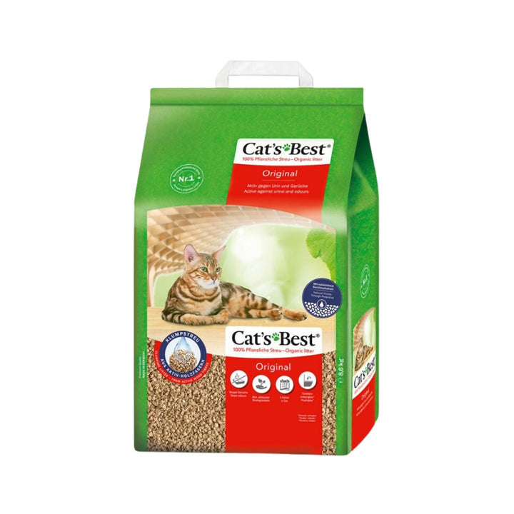Cat's Best Organic Cat Litter, a clumping cat litter, Cat‘s Best Original, uses active wood fibers' natural power. A tray lasts up to 7 weeks, extremely odor-absorbent.