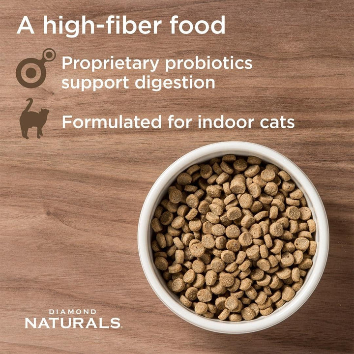 Diamond Naturals indoor Cat Chicken & Rice Formulated for everyday feeding for adult cats With cage-free chicken for superior taste and nutrition Benefits.