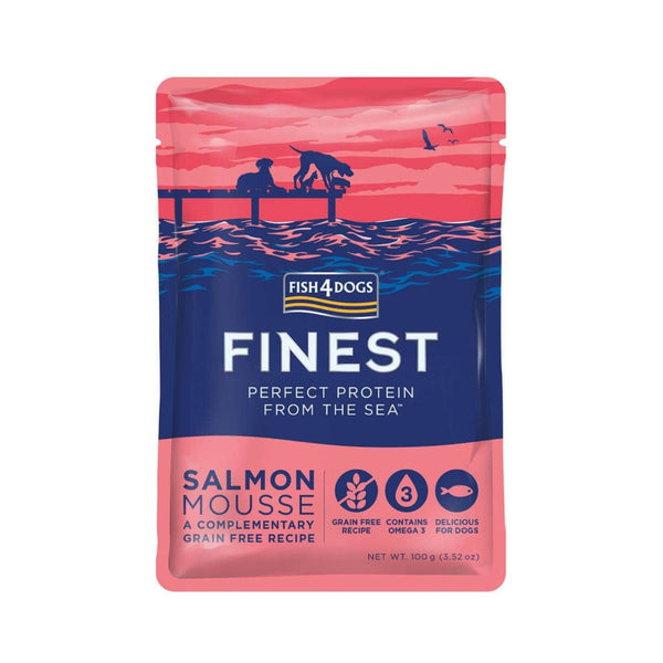 Fish4Dogs Finest Salmon Mousse Dog Treats, This natural luxury gourmet wet treat is made from Salmon and Seaweed Extract. The salmon is gently steamed, cooked, then whipped, giving it an airy texture.