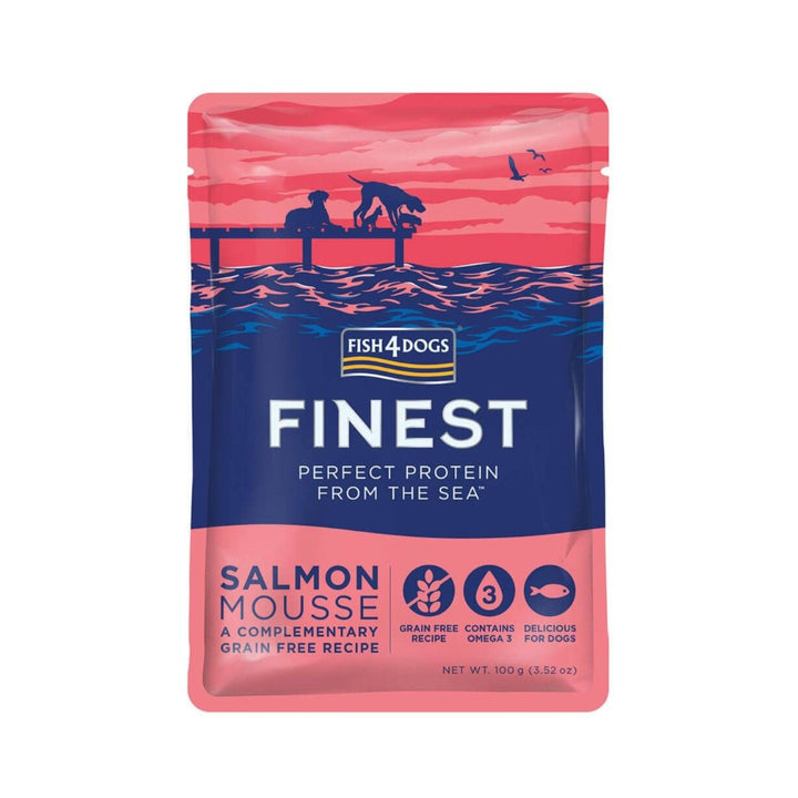 Fish4Dogs Finest Salmon Mousse Dog Treats, This natural luxury gourmet wet treat is made from Salmon and Seaweed Extract. The salmon is gently steamed, cooked, then whipped, giving it an airy texture.