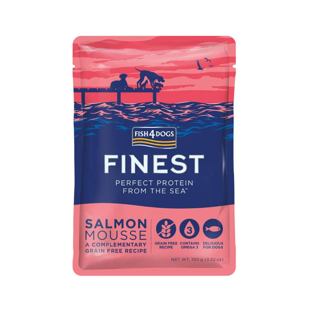 Fish4Dogs Finest Salmon Mousse Dog Treats - Premium Gourmet Wet Treat for Dogs - Front Pouch 