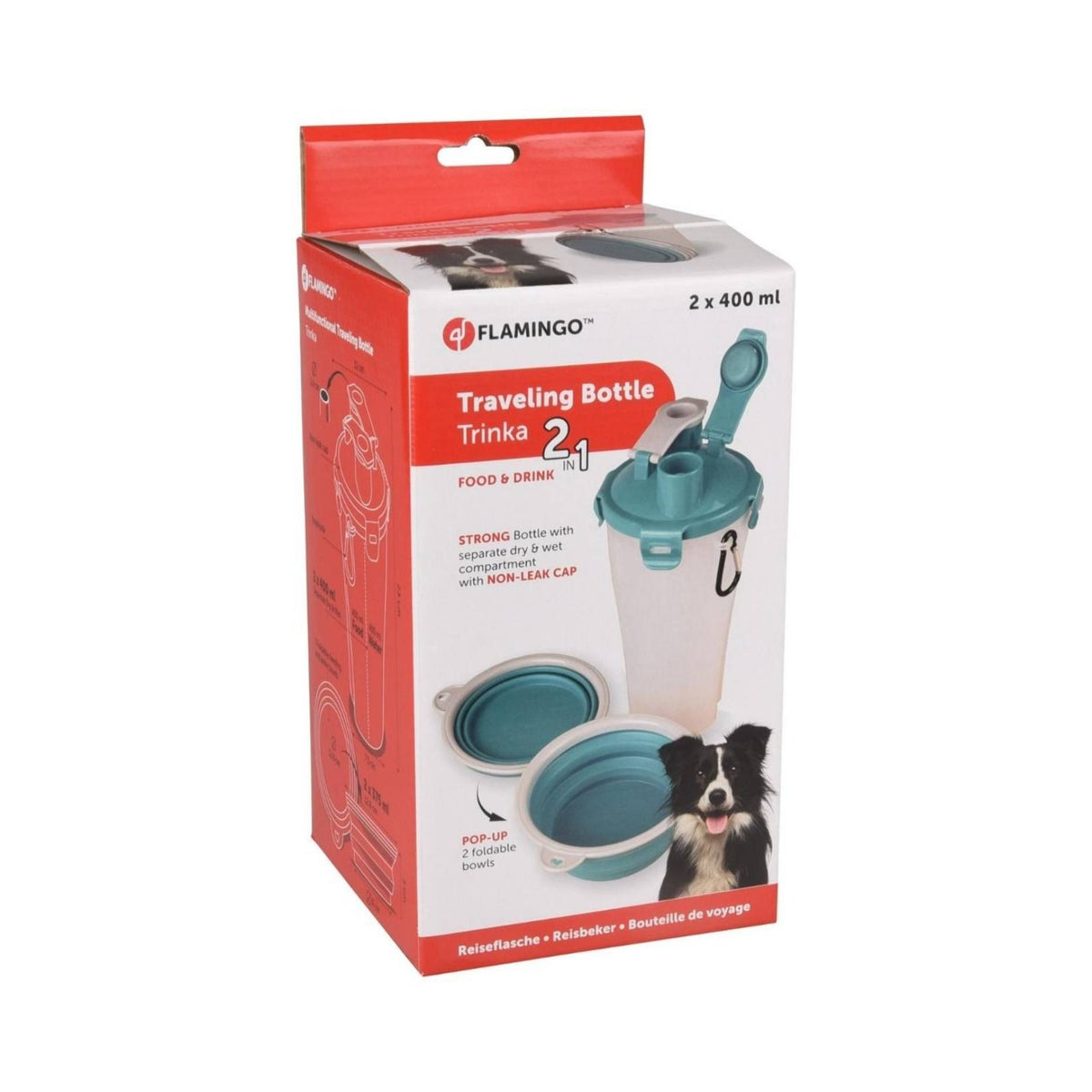 Flamingo Trinka 2-in-1 Travel Bottle for Dogs and Cats - Portable Pet Food and Water Dispenser - 400ml Dual Compartment Size - Ideal for On-the-Go Pet Owners.