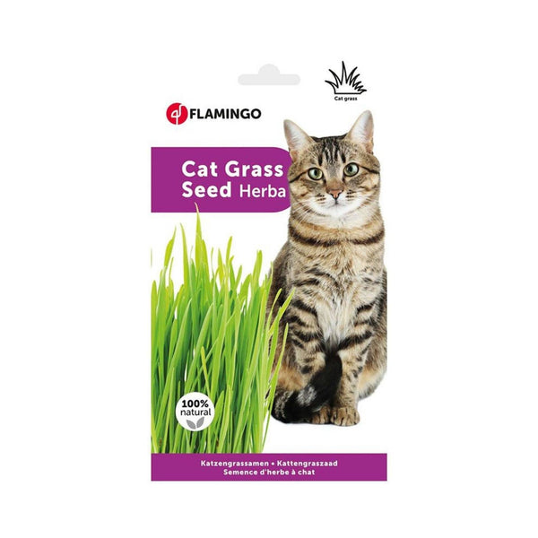 Flamingo Cat Grass Seed Herbal Treat - Natural Hairball Prevention for Cats in Dubai. Front Bag