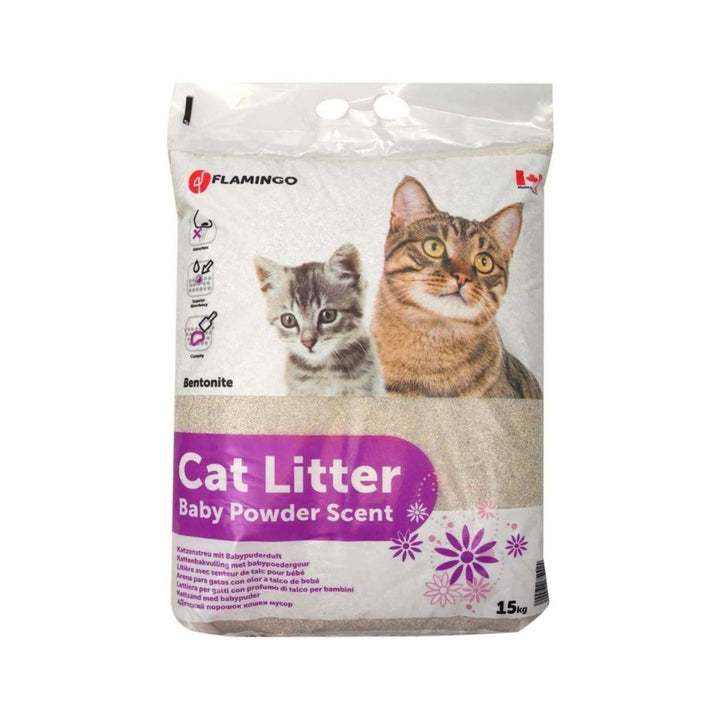 Flamingo Cat Litter Baby Powder Scent for Cats A natural and pleasant baby powder-scented clumping litter for cats from Flamingo .