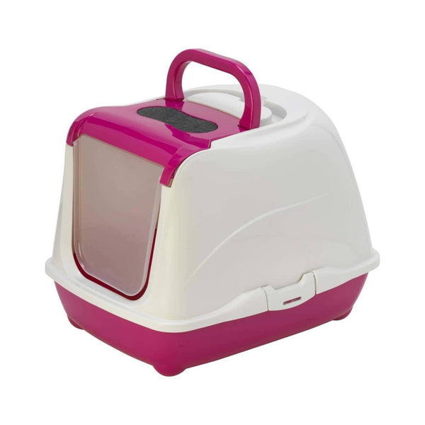 Flamingo Cat Toilet, named Loki, comes with a closed box of cat litter that is light, easy to clean, and has a door to control litter smell Pink Color.