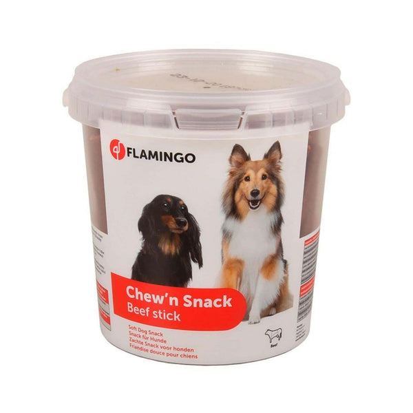 Flamingo Chew'n Snack Beef Sticks - Real Beef Goodness for All Breeds. Front Box