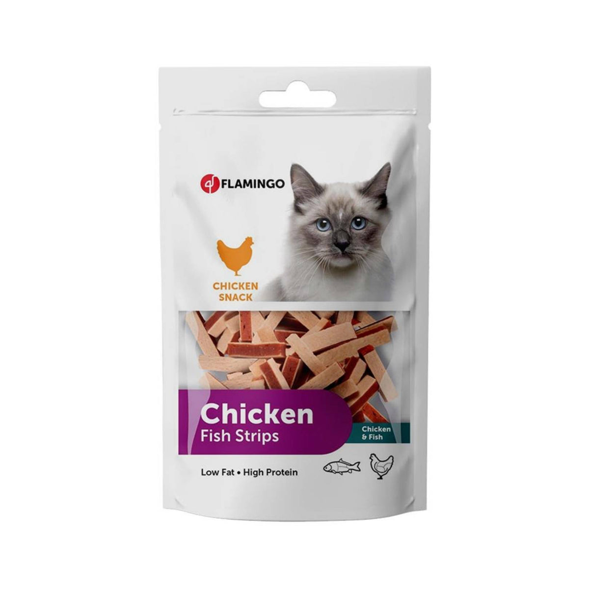 Flamingo Chicken Fish Strips Cat Treats - Premium Chicken &amp; Fish Snack for Feline Delight - Front Pouch