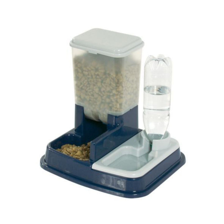  Flamingo Automatic Food and Water Dispenser Duo Max is a blue dispenser with food and water compartments for pets.