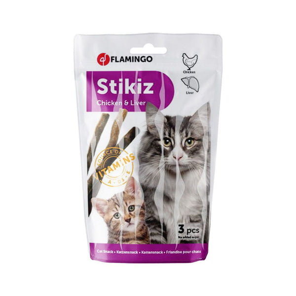 Flamingo Stikiz Chicken &amp; Liver Cat Treats - High-Quality Ingredients and Irresistible Flavor. 150g Pack with 3 Separate Bags. Front Bag