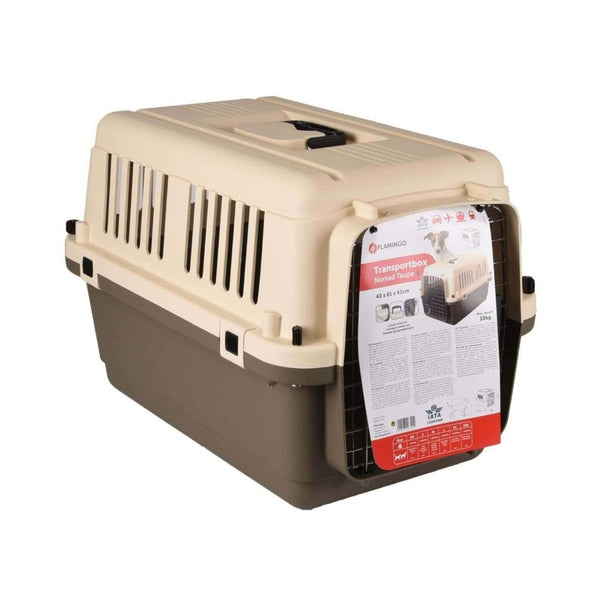 Flamingo Transport Nomad Taupe Carrier - IATA Certified, Durable Plastic Construction, Safety Locks. Available in Small and Medium Sizes. Suitable for Pets in Dubai.