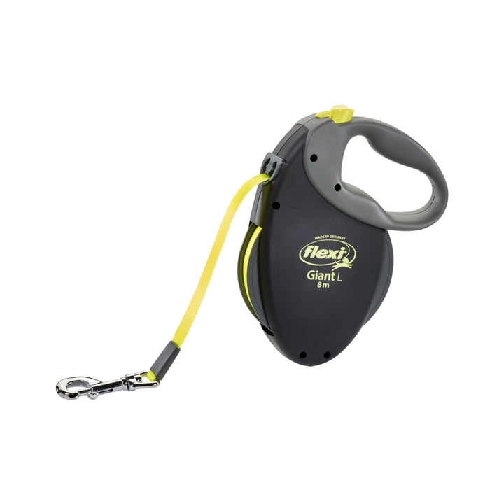 Flexi Giant Tape Leash For Dogs designed for training sessions. Convenient handling with a brake button, permanent stop feature, and ergonomic soft grip 5.