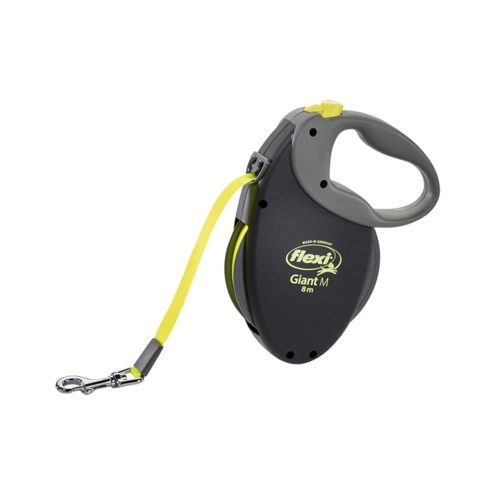 Flexi Giant Tape Leash For Dogs designed for training sessions. Convenient handling with a brake button, permanent stop feature, and ergonomic soft grip.