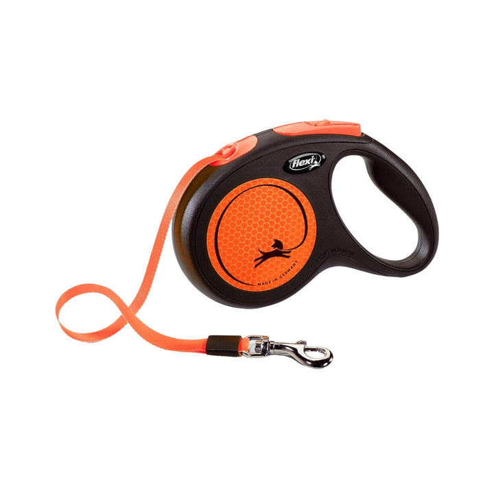 Flexi New Neon Tape Dog Leash Better visibility for you and your dog, Perfect for all weather conditions due to its reflective stickers and neon-colored components. Orange