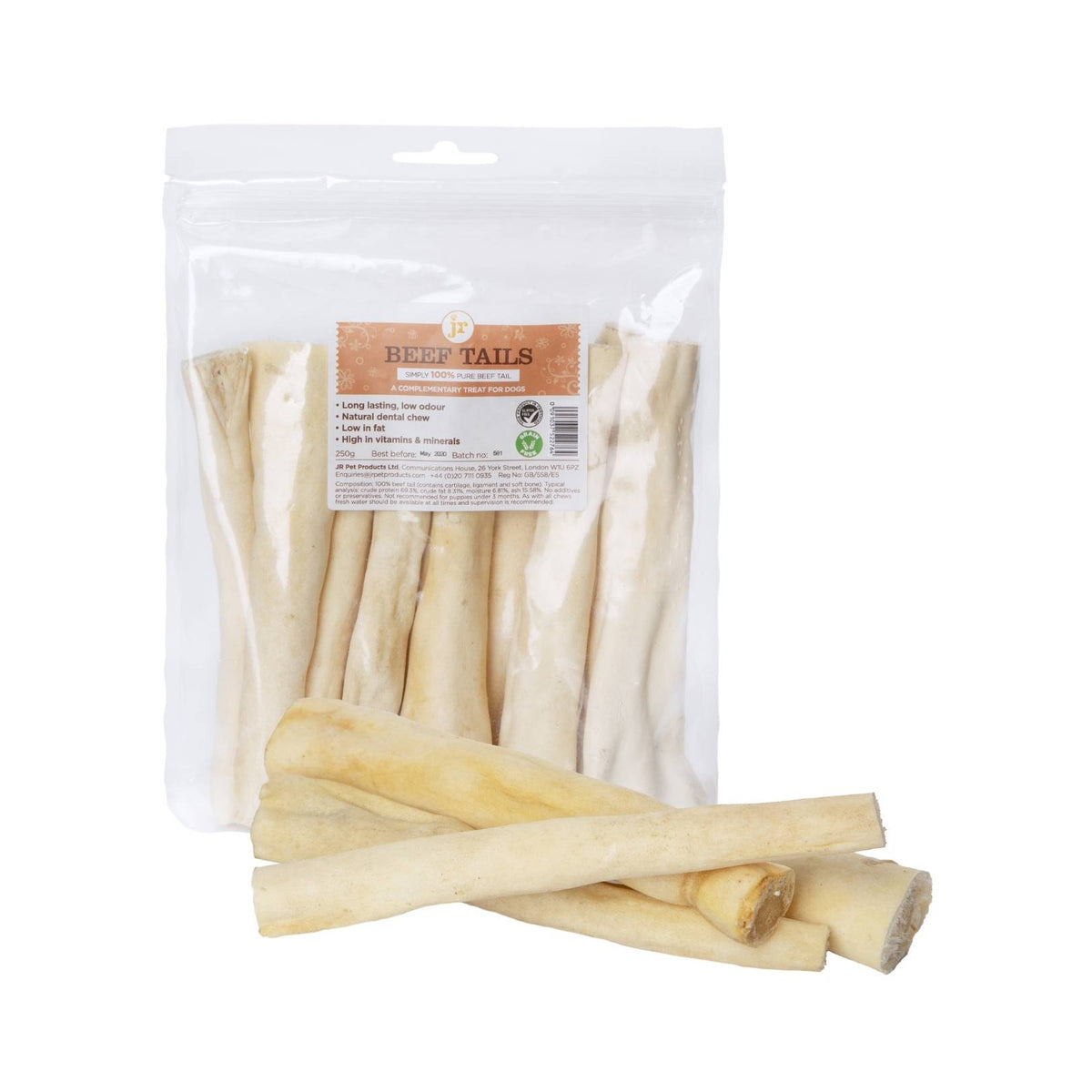 JR Pet Products Beef Tails Dog Treats 250g Front Bag View 
