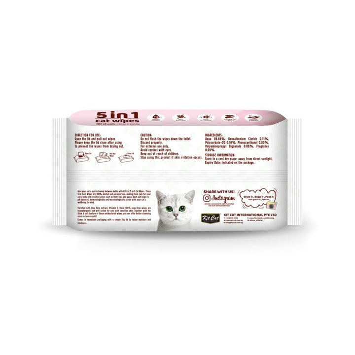 Kit Cat 5-in-1 Scented Cat Wipes are designed to make cleaning your cat between baths quick, easy, and hassle-free. These antibacterial wipes are soft - Back.