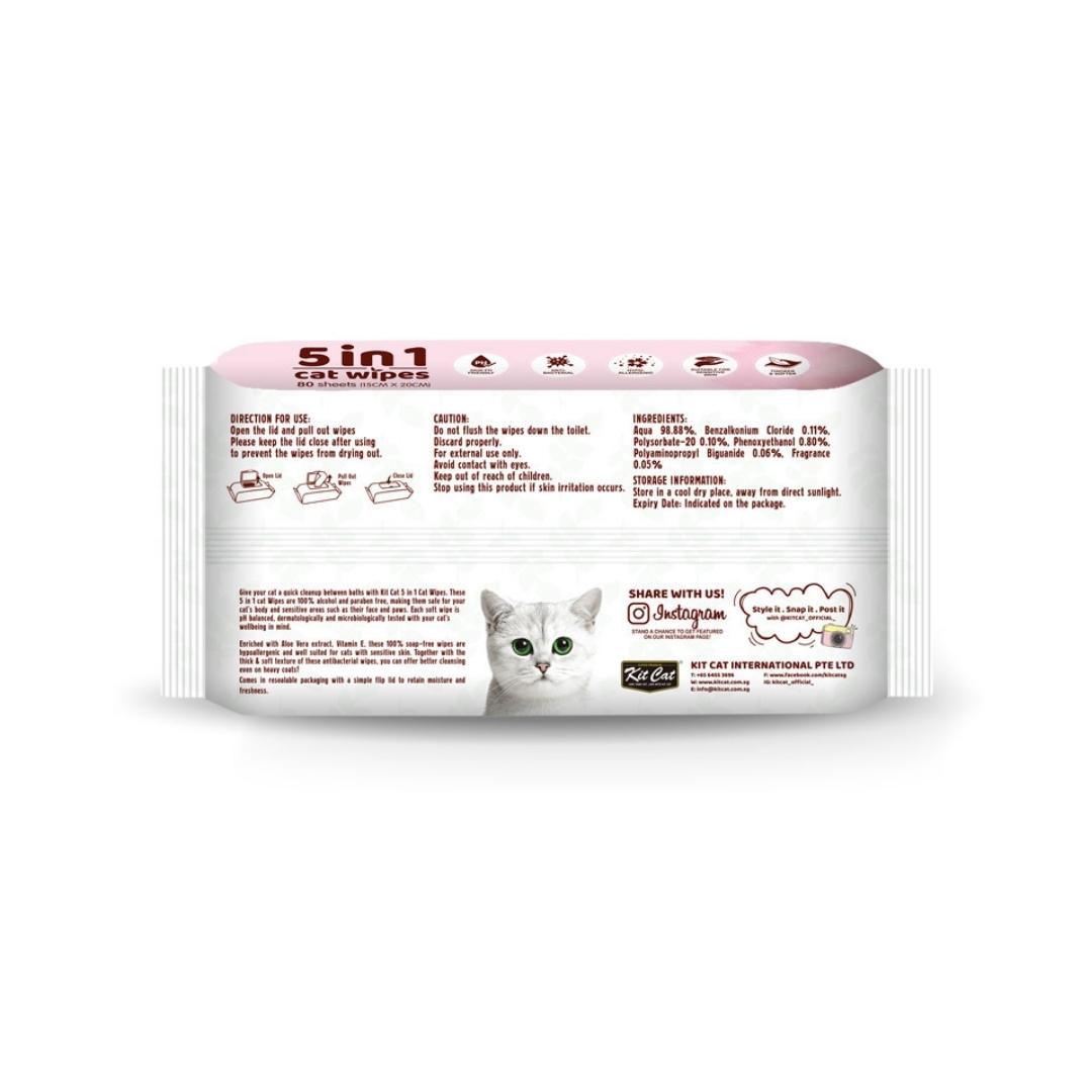 Kit Cat 5-in-1 Scented Cat Wipes are pH-balanced, antibacterial, and infused with aloe vera extract and vitamin E, making cat cleaning easy Back.