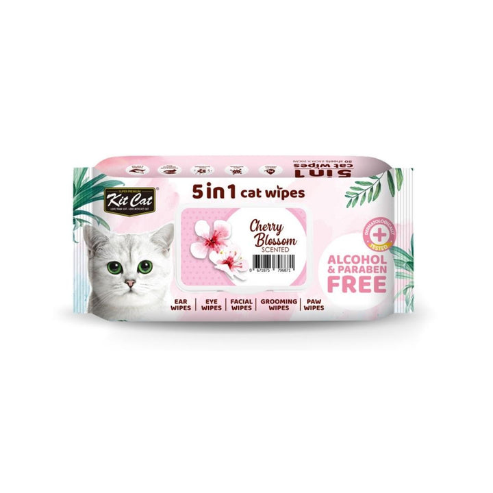 Kit Cat 5-in-1 Scented Cat Wipes are pH-balanced, antibacterial, and infused with aloe vera extract and vitamin E, making cat cleaning easy.