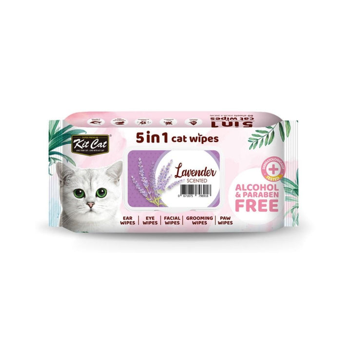 Kit Cat 5-In-1 Cat Wipes Lavender Scented Wipes are 100% alcohol and paraben free, making them safe for your cat's body and sensitive areas such as their face and paws.