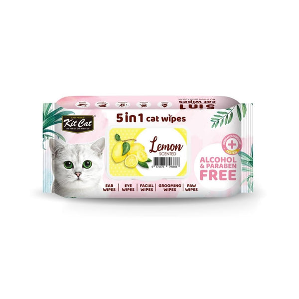 Kit Cat 5-in-1 Cat Wipes in Lemon Scent are soft, pH-balanced, and antibacterial, making cleaning your cat in between baths quick, easy, and hassle-free. 