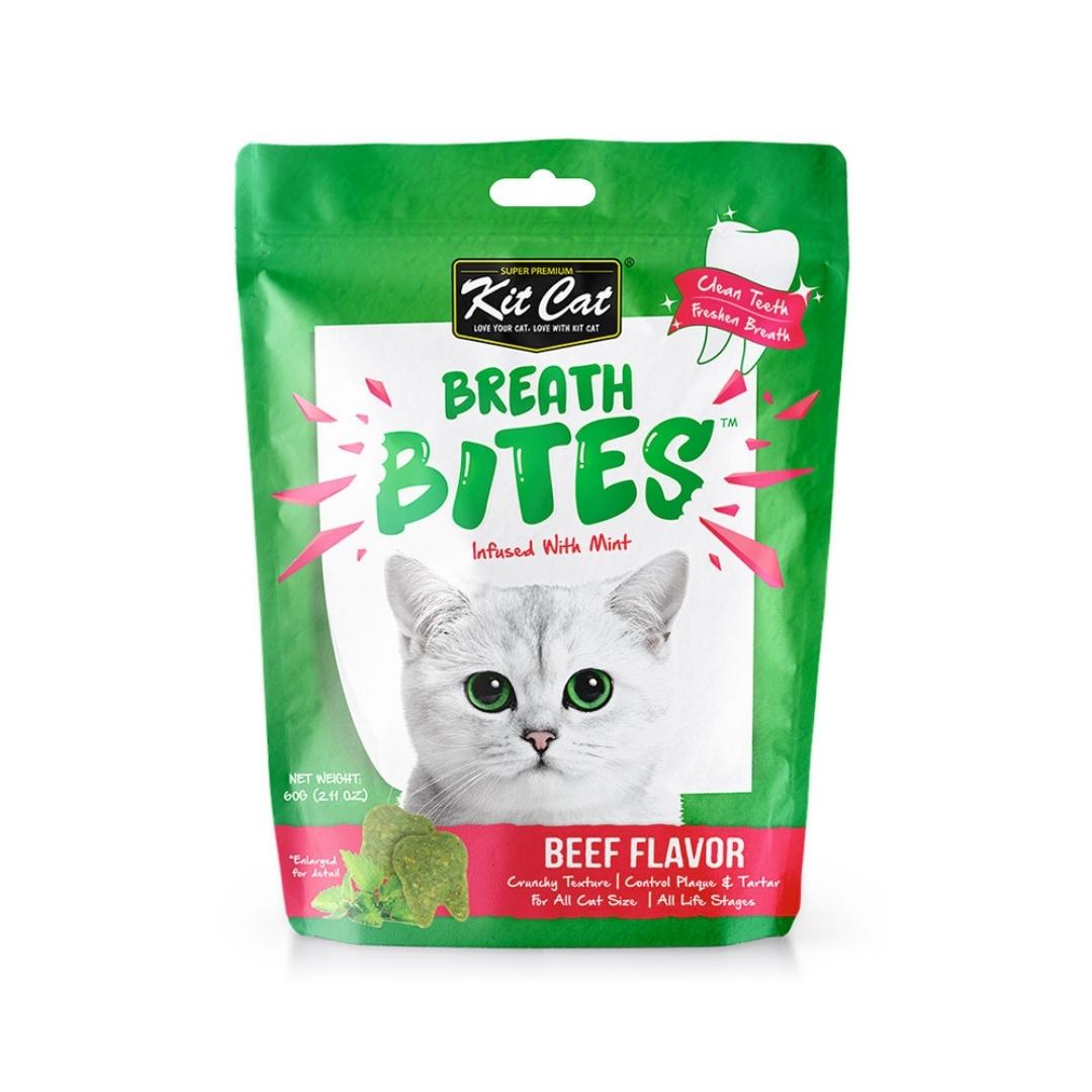Kit Cat Breath Bites Beef Cat Treats 60g packaging, crunchy treats for dental care, beef flavor, suitable for all cats.